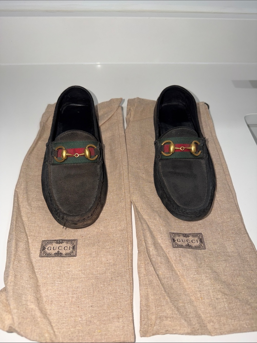 Gucci Black Suede Horsebit Loafers with Red & Green Web
